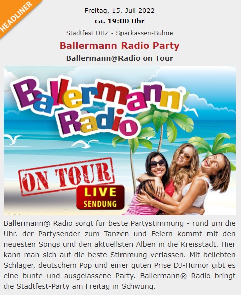 29. Stadtfest in Osterholz-Scharmbeck: Ballermann Radio Party am 15. Juli 2022