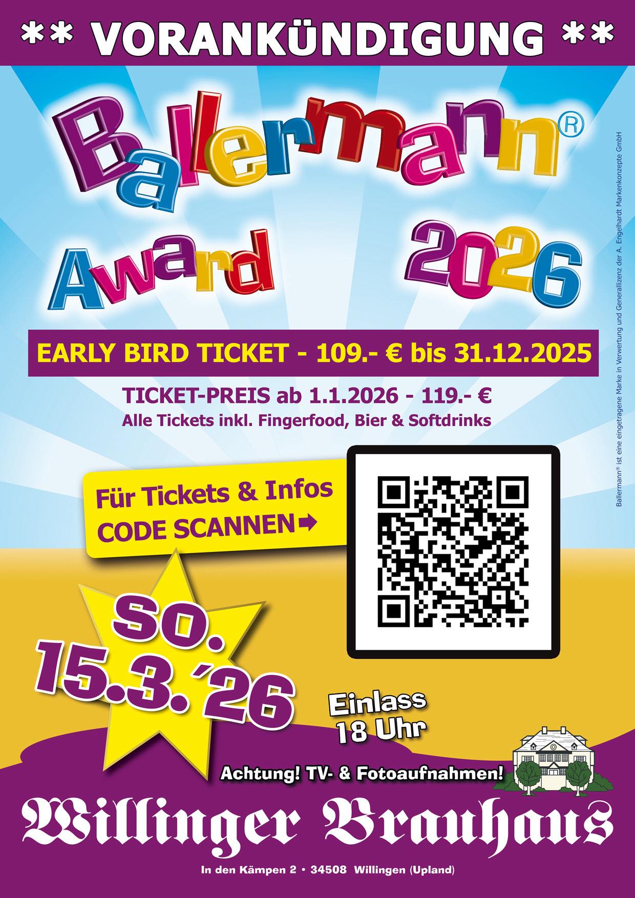 Termin 2026: Ballermann Award erneut im Willinger Brauhaus